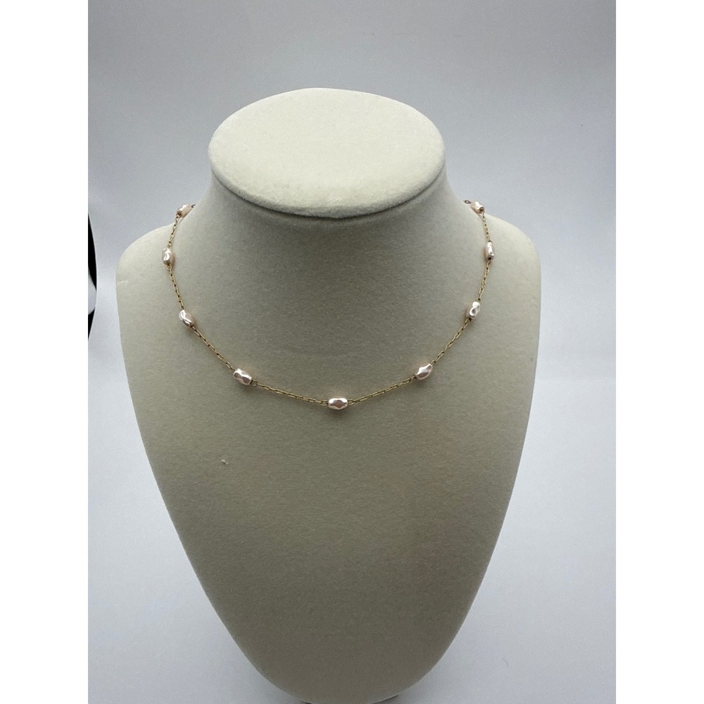 Mattel Barbie Gold Tone Faux Pearl Station Necklace Heart Logo Charm 16 Inch